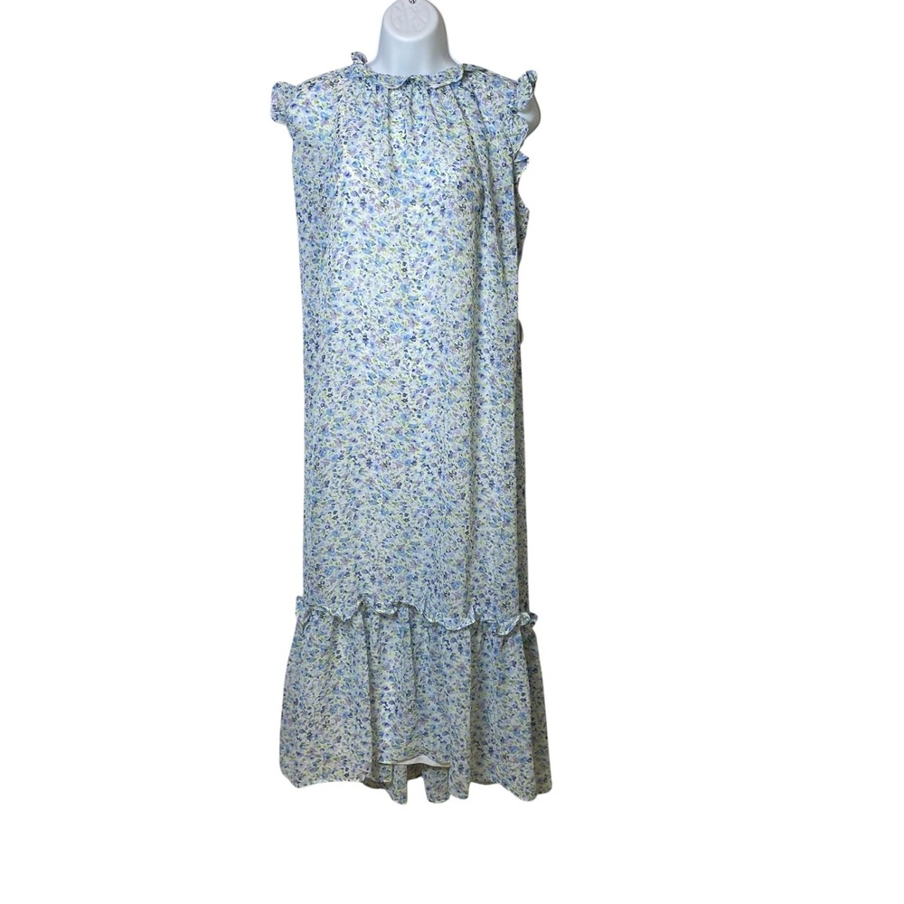 Emma & Michele Womens Blue Floral Ruffle High Neck Tiered Maxi Dress Large